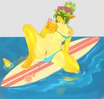  beverage bikini breasts clothing dragon female genitals green_hair hair half-closed_eyes hi_res looking_at_viewer narrowed_eyes navel partially_submerged pina pussy solo surfboard swimwear water zamzi 