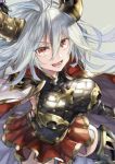  1girl bangs black_legwear breasts cape draph granblue_fantasy grey_background grey_hair hair_between_eyes horns large_breasts long_hair looking_at_viewer maka_(morphine) open_mouth red_eyes red_skirt skirt smile solo thalatha_(granblue_fantasy) thighhighs thighs white_cape 