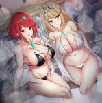  2girls bangs bikini blonde_hair blush breasts cleavage earrings gem hair_ornament headpiece highres hikari_(xenoblade_2) homura_(xenoblade_2) jewelry large_breasts long_hair looking_at_viewer multiple_girls navel noeomi red_eyes red_hair short_hair smile swept_bangs swimsuit tiara towel very_long_hair water xenoblade_(series) xenoblade_2 yellow_eyes 