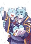  2019 anthro blue_body blue_fur blush clothing cute_fangs duo eyes_closed fur hi_res humanoid_hands kemono male mammal overweight overweight_male robe snow ursid wolfsoul young 全兽出击 十泉介 十泉浩 