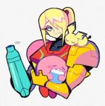  1girl arm_cannon blue_eyes crossover denaseey eyeshadow kirby kirby_(series) long_hair makeup metroid mole mole_under_mouth pichu pokemon pokemon_(creature) pokemon_on_shoulder ponytail power_armor samus_aran smile super_smash_bros. varia_suit weapon 