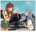  4girls :d aircraft airplane bell belt black_belt closed_eyes commentary_request de_ruyter_(kantai_collection) fairy_(kantai_collection) green_eyes green_sailor_collar green_skirt grey_skirt kantai_collection kitsuneno_denpachi long_hair multiple_girls open_mouth pleated_skirt red_hair sailor_collar school_uniform serafuku shadow shirt short_sleeves sidelocks silver_hair skirt smile suspenders translation_request white_shirt yamagumo_(kantai_collection) 