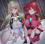  2girls bangs blonde_hair blush breasts cleavage cleavage_cutout dress earrings elbow_gloves fingerless_gloves gloves hair_ornament highres hikari_(xenoblade_2) homura_(xenoblade_2) huge_breasts jewelry large_breasts long_hair looking_at_viewer multiple_girls noeomi on_bed red_eyes red_hair short_hair smile swept_bangs thighs xenoblade_(series) xenoblade_2 yellow_eyes 