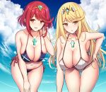  2girls ass_visible_through_thighs bikini black_bikini blonde_hair blush breasts choker cleavage cloud collarbone earrings feet_out_of_frame hand_on_own_ass hand_on_own_knee hanging_breasts highres hikari_(xenoblade_2) homura_(xenoblade_2) jewelry large_breasts long_hair looking_at_viewer multiple_girls noeomi open_mouth red_hair short_hair side-tie_bikini sky smile swimsuit thighs tiara wet white_bikini xenoblade_(series) xenoblade_2 yellow_eyes 