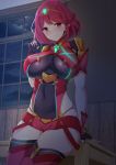  1girl bangs black_gloves blush breasts closed_mouth covered_navel earrings eyebrows_visible_through_hair fingerless_gloves gloves glowing homura_(xenoblade_2) impossible_clothes indoors jewelry large_breasts night noeomi red_eyes red_hair red_legwear red_shorts short_hair short_shorts shorts shoulder_armor skin_tight skindentation smile solo swept_bangs table thighhighs tiara window xenoblade_(series) xenoblade_2 