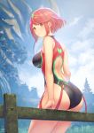  1girl anbe_yoshirou ass back_cutout bangs bare_arms bare_shoulders breasts closed_mouth commentary_request competition_swimsuit day earrings emerald_float eyebrows_visible_through_hair fence gem highres homura_(xenoblade_2) jewelry large_breasts looking_at_viewer looking_back multicolored multicolored_clothes multicolored_swimsuit one-piece_swimsuit outdoors red_eyes red_hair short_hair sitting smile solo swept_bangs swimsuit thighs tiara tree xenoblade_(series) xenoblade_2 