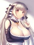  1girl azur_lane bangs bare_shoulders between_breasts black_bow black_dress blush bow breasts cleavage closed_mouth collarbone detached_collar dress earrings eyebrows_visible_through_hair fal formidable_(azur_lane) frilled_dress frills hair_bow jewelry large_breasts long_hair long_sleeves looking_at_viewer red_eyes shoulder_cutout silver_hair solo twintails upper_body very_long_hair 