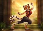  2019 anthro barefoot breasts brown_body brown_fur clothed clothing detailed detailed_background dolphydolphiana dreamworks facial_markings felid female fully_clothed fur grass head_markings kung_fu_panda light lighting mammal markings master_tigress mountain open_mouth open_smile orange_body orange_fur pantherine pose smile solo tiger tree white_body white_fur 