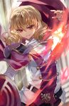  1girl blonde_hair breasts cape drill_hair erika_wagner eyebrows_visible_through_hair fire highres holding_shield medium_hair qitoli red_eyes shield smile solo twin_drills under_night_in-birth under_night_in-birth_exe:late[st] uniform 