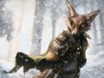  2020 ambiguous_gender anthro armor biped black_nose bracers canid canine cloak clothed clothing coiling demon detailed detailed_background digital_media_(artwork) duo feral forest fox fur gloves glowing glowing_eyes green_eyes handwear hi_res kenket looking_back male mammal nature orange_body orange_fur outside pauldron ranged_weapon reptile scalie snake snow snowing tangletorn throwing_knife tree trell walking weapon whiskers white_body white_fur 