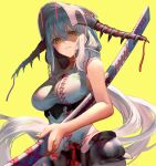 1girl breasts hair_between_eyes highres holding holding_sword holding_weapon horns katana long_hair looking_at_viewer original sheath sheathed silver_hair simple_background slit_pupils solo sword ukimesato very_long_hair weapon yellow_background yellow_eyes 
