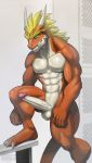  2018 absurd_res anthro balls blonde_hair claws delga dragon erection genitals green_eyes hair hi_res humanoid_penis male muscular nude penis scalie solo todex 