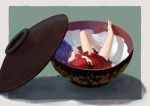  absurdres bowl closed_eyes hand_on_own_stomach highres in_bowl in_container japanese_clothes k_izumi_(1zumi) kimono lying minigirl no_shoes purple_hair short_hair sleeping sukuna_shinmyoumaru touhou 