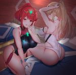  2girls adjusting_hair alternate_hairstyle ass bed black_swimsuit blonde_hair breasts chest_jewel collarbone gem headpiece highres hikari_(xenoblade_2) homura_(xenoblade_2) impossible_clothes impossible_swimsuit large_breasts multiple_girls noeomi on_bed one-piece_swimsuit ponytail red_eyes red_hair sideboob sitting sitting_on_bed swimsuit thick_thighs thighs tiara white_swimsuit xenoblade_(series) xenoblade_2 yellow_eyes 