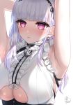  1girl :s anchor armpits arms_behind_head arms_up azur_lane bangs black_hairband blunt_bangs blush breasts center_frills closed_mouth dido_(azur_lane) earrings eyebrows_visible_through_hair frilled_shirt frills hairband jewelry kohanayuki large_breasts long_hair pink_eyes shirt signature silver_hair simple_background skindentation sleeveless sleeveless_shirt solo underboob underboob_cutout upper_body white_background white_shirt 