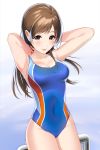  1girl armpits arms_behind_head arms_up bangs bare_shoulders blue_swimsuit blush breasts brown_eyes brown_hair cleavage collarbone covered_navel highres idolmaster idolmaster_cinderella_girls long_hair looking_at_viewer medium_breasts natsuya nitta_minami one-piece_swimsuit smile solo swept_bangs swimsuit thighs tongue tongue_out wet 