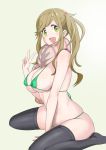  1girl areola_slip areolae bangs bare_shoulders bikini black_legwear breasts covered_nipples eyebrows_visible_through_hair fang from_side green_bikini green_eyes hair_bobbles hair_ornament hand_up inuyama_aoi large_breasts long_hair looking_at_viewer micro_bikini minpei_ichigo no_shoes open_mouth scarf shiny shiny_skin sidelocks simple_background sitting skin_fang skindentation smile solo string_bikini swept_bangs swimsuit thick_eyebrows thighhighs thighs tongue underboob v wariza yurucamp 
