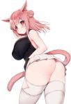  1girl animal_ears ass bare_shoulders blush bow bowtie breasts cat_ears cat_tail double_bun eyebrows_visible_through_hair final_fantasy final_fantasy_xiv from_behind highres himegi_you large_breasts leotard looking_at_viewer miqo&#039;te pink_eyes pink_hair pleated_skirt simple_background skirt solo tail thighhighs whisker_markings white_legwear white_skirt 