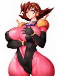  1girl blue_eyes bodysuit breasts brown_hair covered_nipples earrings fumio_(rsqkr) g_gundam gundam highres jewelry large_breasts lips long_hair parted_lips puffy_nipples rain_mikamura simple_background solo thick_thighs thighs white_background wide_hips 