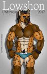  anthro clothing cover cover_page digital_media_(artwork) hair hairy hyaenid hyenajack jack lowshon magazine male male/male mammal muscular muscular_male nipples pose pubes solo spots tongue 