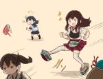  4girls ahoge akagi_(kantai_collection) aqua_headwear blue_hair blush brown_hair can flight_deck hakama hakama_skirt hat japanese_clothes kaga_(kantai_collection) kantai_collection kicking long_hair maya_(kantai_collection) multiple_girls muneate open_mouth otoufu out_of_frame ponytail sailor_collar school_uniform serafuku short_hair short_sleeves side_ponytail simple_background thighhighs ushio_(kantai_collection) white_legwear 