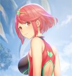  1girl anbe_yoshirou ass back_cutout bangs bare_arms bare_shoulders breasts closed_mouth competition_swimsuit day earrings emerald_float eyebrows_visible_through_hair fence gem highres homura_(xenoblade_2) jewelry large_breasts looking_at_viewer looking_back multicolored multicolored_clothes multicolored_swimsuit one-piece_swimsuit outdoors red_eyes red_hair short_hair sitting smile solo swept_bangs swimsuit thighs tiara tree upper_body xenoblade_(series) xenoblade_2 