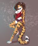  2019 alex_marx alexthecatte anthro breasts clothing digital_media_(artwork) felid female hair hi_res mammal nipples pantherine reaper3d simple_background smile solo stripes teeth tiger 