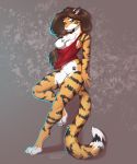  2019 alex_marx alexthecatte anthro bottomless breasts clothed clothing digital_media_(artwork) felid female hair hi_res mammal nipples pantherine reaper3d simple_background smile solo stripes teeth tiger 