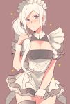  1girl alternate_costume apron bangs between_legs black_legwear blush breasts center_opening cleavage cowboy_shot dress earrings edelgard_von_hresvelg embarrassed enmaided fire_emblem fire_emblem:_three_houses hand_between_legs highres jewelry long_hair looking_at_viewer maid maid_apron maid_headdress medium_breasts parted_bangs purple_background purple_eyes short_dress short_sleeves side_ponytail silver_hair simple_background solo sou_mei sweatdrop thighhighs thighs wrist_cuffs zettai_ryouiki 