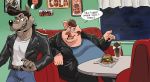  1950s anthro belly belt beverage brown_hair burger canid canine canis clothed clothing curtains dialogue diner domestic_pig duo english_text food fur grey_body grey_fur hair hi_res inside jacket leather leather_jacket male mammal milkshake moobs open_mouth open_smile overweight overweight_male polartoons pompadour record sitting smile speech_bubble suid suina sus_(pig) teeth text topwear walking window wolf 