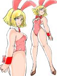  1girl absurdres animal_ears asimatosinosin bare_legs blonde_hair blue_eyes bow bowtie breasts brown_footwear bunny_ears bunny_tail cleavage cuffs detached_collar eyebrows_visible_through_hair eyes_visible_through_hair gundam highres leotard looking_at_viewer medium_breasts mobile_suit_gundam multiple_views pink_leotard red_neckwear sayla_mass short_hair simple_background tail white_background 