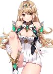  1girl armor bangs blonde_hair blush boots breasts cleavage cleavage_cutout elbow_gloves eol_9 eyebrows_visible_through_hair gem gloves hair_ornament headpiece highres hikari_(xenoblade_2) jewelry large_breasts legs long_hair looking_at_viewer nintendo shoulder_armor sitting skirt smile solo swept_bangs thigh_strap tiara very_long_hair xenoblade_(series) xenoblade_2 yellow_eyes 
