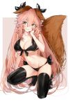  1girl absurdres animal_ears bangs bare_arms bare_shoulders bikini black_bikini black_legwear black_ribbon blush breasts brown_background brown_eyes cleavage collarbone commentary_request eyebrows_visible_through_hair fang fate/extra fate_(series) fox_ears fox_girl fox_tail front-tie_bikini front-tie_top full_body groin hair_between_eyes hair_ribbon hand_on_own_face hand_up highres large_breasts long_hair looking_at_viewer navel no_shoes one_knee parted_lips pink_hair ribbon side-tie_bikini silver_(chenwen) solo swimsuit tail tail_raised tamamo_(fate)_(all) tamamo_no_mae_(fate) thighhighs two-tone_background very_long_hair white_background 