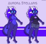  3_toes absurd_res anthro aurora_stellaris belly_scales claws clothing digital_media_(artwork) dragon female hair hi_res horn purple_body purple_scales scales scalie shirt simple_background smile solo t-shirt toes topwear wyvern 