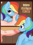  absurd_res balls bestiality bodily_fluids comic dialogue equid equine female feral friendship_is_magic genitals hi_res human licking male male/female mammal my_little_pony oral penile penis penis_lick pterippus rainbow_dash_(mlp) ribiruby saliva sex tongue tongue_out wings 