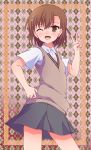  1girl absurdres argyle argyle_background brown_background brown_eyes brown_hair commentary_request dress dress_lift grey_skirt highres looking_at_viewer misaka_mikoto pleated_skirt school_uniform shirt short_hair short_sleeves skirt solo standing sweater_vest to_aru_kagaku_no_railgun to_aru_majutsu_no_index tokiwadai_school_uniform tounaeu2517 v white_shirt 