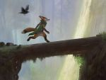  2020 4:3 anthro avian bird canid canine clothed clothing day detailed_background digital_media_(artwork) forest fox fur hi_res lofi male mammal orange_body orange_fur outside tree 