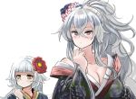  2girls alternate_costume azur_lane bangs blunt_bangs blush breasts cleavage commentary_request eyebrows_visible_through_hair graf_zeppelin_(azur_lane) hair_between_eyes hair_ornament hey_taishou highres japanese_clothes large_breasts long_hair multiple_girls red_eyes silver_hair simple_background very_long_hair yellow_eyes z46_(azur_lane) 