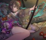  1boy bangs birdcage black_choker cage choker eyebrows_visible_through_hair floral_print flower green_eyes green_hair green_kimono gretel_(sinoalice) hair_flower hair_ornament hansel_(sinoalice) highres hitodama holding japanese_clothes kimono lantern lips no_panties obi ojo_aa otoko_no_ko parted_lips patterned_clothing red_flower sash sheath short_hair sinoalice sitting solo thighs 