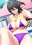  1girl bangs bare_shoulders bikini black_hair blurry blurry_background blush breasts brown_eyes cleavage closed_mouth collarbone hair_between_eyes hakai_shin hand_in_hair highres knee_up large_breasts looking_at_viewer navel original purple_bikini shirt_lift short_hair sitting smile solo swimsuit thighs yellow_camisole 
