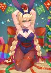  1girl animal_ears armpits arms_up blonde_hair bound bound_wrists bow bowtie braid breasts bunny_ears bunnysuit christmas_tree covered_navel dated detached_collar gift green_eyes happy_birthday highres kneeling large_breasts mujun_atama original pantyhose ribbon ribbon_bondage twin_braids 