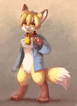  2012 4_fingers absurd_res ambiguous_gender anthro bell bell_collar blonde_hair canid canine clothing collar digitigrade fingers fox hair hi_res jacket mammal miri naturally_censored open_mouth pawpads smile solo standing topwear yellow_eyes 
