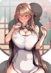  1boy 1girl azur_lane bangs blush breast_grab breasts brown_hair china_dress chinese_clothes cleavage covered_navel dial16yoi dress grabbing grey_dress hair_between_eyes hair_ribbon hands_up heavy_breathing highres large_breasts long_hair looking_at_viewer one_eye_closed parted_lips pelvic_curtain red_eyes ribbon sidelocks sleeveless smile sweatdrop swiftsure_(azur_lane) very_long_hair 