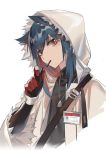  1girl absurdres animal_ear_fluff animal_ears arknights bangs black_shirt blue_hair brown_eyes chinese_commentary commentary_request cropped_torso dog_tags eyebrows_visible_through_hair fur_trim gloves hand_up head_tilt highres hood hooded_jacket jacket jiji_(pixiv10646874) long_hair long_sleeves looking_at_viewer mouth_hold multicolored_hair name_tag open_clothes open_jacket red_hair shirt simple_background solo texas_(arknights) upper_body white_background white_jacket wide_sleeves wolf_ears 