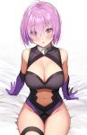  1girl absurdres ameyame bare_shoulders black_leotard blush breasts cleavage cleavage_cutout collar elbow_gloves fate/grand_order fate_(series) gloves hair_over_one_eye highres large_breasts lavender_hair leotard looking_at_viewer mash_kyrielight metal_collar navel navel_cutout open_mouth purple_eyes purple_gloves short_hair simple_background sitting solo sweat thigh_strap thighs white_background 
