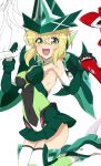  1girl :d akatsuki_kirika bangs blonde_hair boots breasts commentary_request covered_navel elbow_gloves eyebrows_visible_through_hair gloves greaves green_eyes green_leotard headgear highres holding_hands kurihara_kenshirou leotard looking_at_viewer magical_girl open_mouth senki_zesshou_symphogear short_hair small_breasts smile solo_focus thigh_boots thighhighs white_background white_legwear 