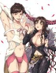  1boy 1girl armpits belial_(granblue_fantasy) belial_(granblue_fantasy)_(cosplay) black_shirt blush breasts brown_hair bulge cleavage cosplay costume_switch crossdressing facial_mark fate/extra fate/extra_ccc fate/grand_order fate_(series) feather_boa forehead_mark granblue_fantasy habit highres horn_ring large_breasts lingerie pectorals petals pink_legwear red_eyes sesshouin_kiara sesshouin_kiara_(cosplay) shirt thighhighs tongue tongue_out underwear uuruung veil 