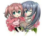  2girls bangs beige_shirt black_hair black_legwear blue_eyes blush boots brown_hair brown_skirt capelet chibi commentary_request eyebrows_visible_through_hair floral_background flower_request green_eyes hair_between_eyes hair_ribbon hood hoodie kayura_yuka layered_skirt long_hair long_skirt looking_at_viewer multiple_girls one_eye_closed open_mouth original outstretched_arms pantyhose pink_shirt pink_skirt plaid plaid_skirt ribbon shirt short_hair side_ponytail sidelocks simple_background skirt smile thighhighs two_side_up very_long_hair white_background 