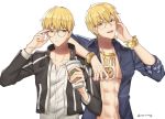  2boys adjusting_eyewear bespectacled blonde_hair bracelet can coffee_cup cup disposable_cup dual_persona earrings fate/grand_order fate/stay_night fate_(series) gilgamesh gilgamesh_(caster)_(fate) glasses highres jewelry male_focus multiple_boys necklace red_eyes simple_background uuruung white_background 