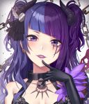  1girl bangs bare_shoulders black_choker black_ribbon blush breasts chain choker cleavage collarbone diagonal_bangs facial_mark feathers hair_ornament hair_ribbon horns idolmaster idolmaster_shiny_colors long_hair looking_at_viewer multicolored_hair open_mouth parted_lips purple_eyes purple_hair ribbon smile solo spikes tanaka_mamimi twintails two-tone_hair yuuhi_(ages) 